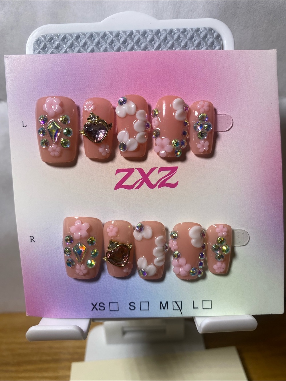 Pink 3D Floral Rhinestone Press-On Nails